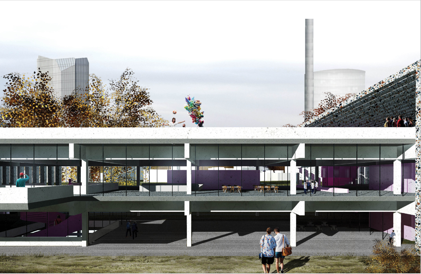 Elevated concrete volume on white pilotis with continuous glazing and two visitors walking below