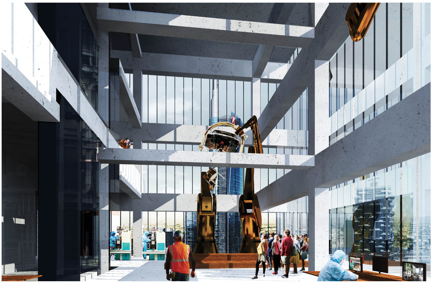 Triple-height atrium with concrete structural beams, vertical glazing and visitors gathered around a central sculpture