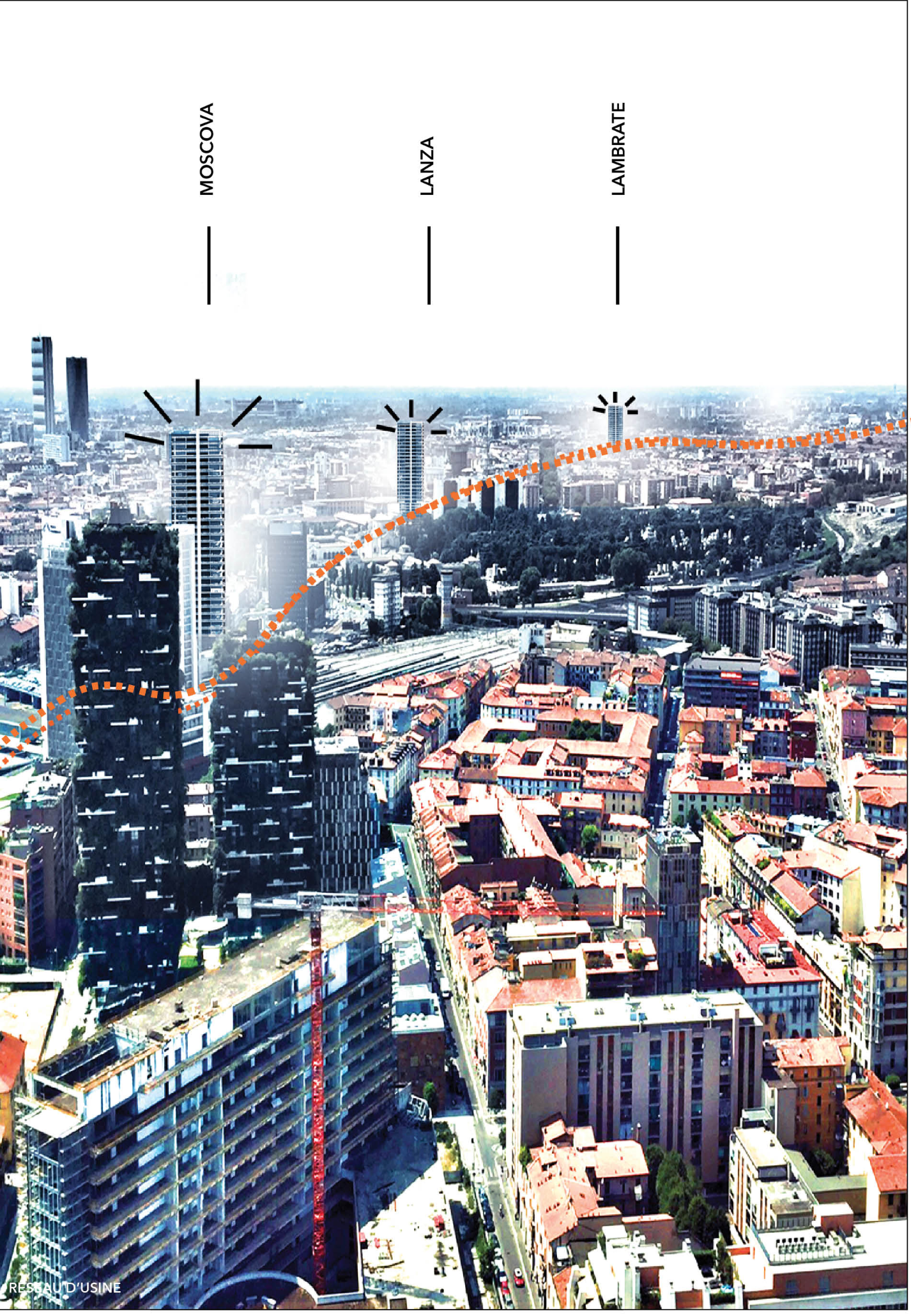 Aerial view diagram showing sight lines radiating from three towers across the urban fabric