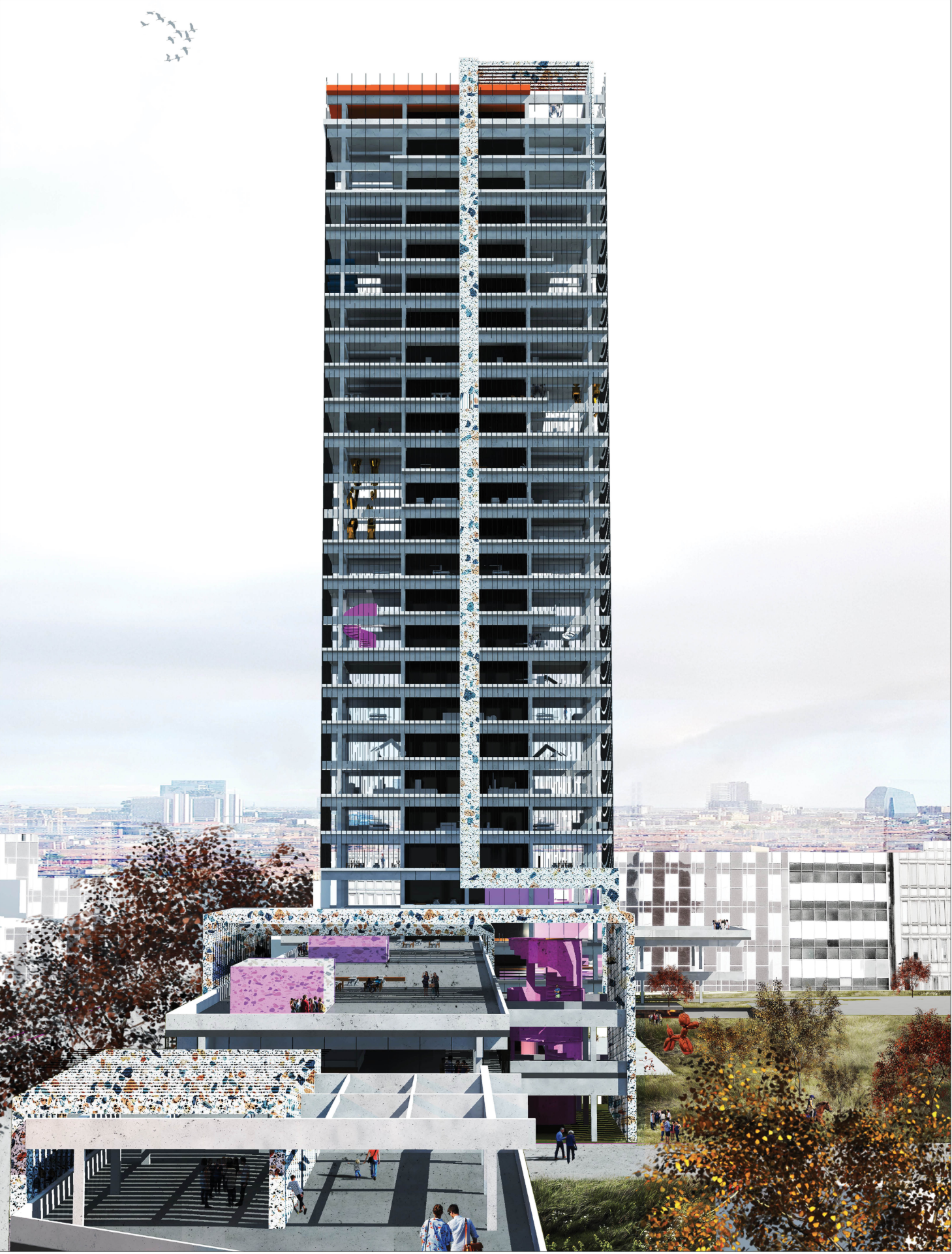 Section drawing showing a residential tower with exposed structure rising above a podium and landscaped base