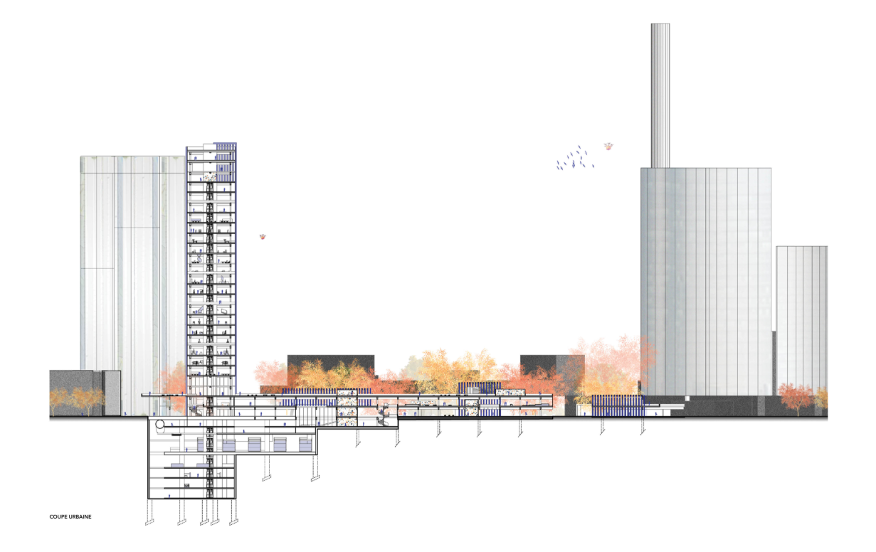 Sectional elevation drawing showing the tower, horizontal podium and industrial chimney with autumn trees