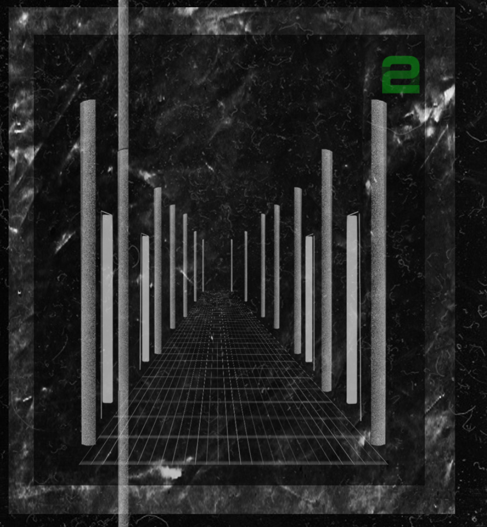 Perspective rendering showing grid floor receding between two rows of vertical white columns in darkness