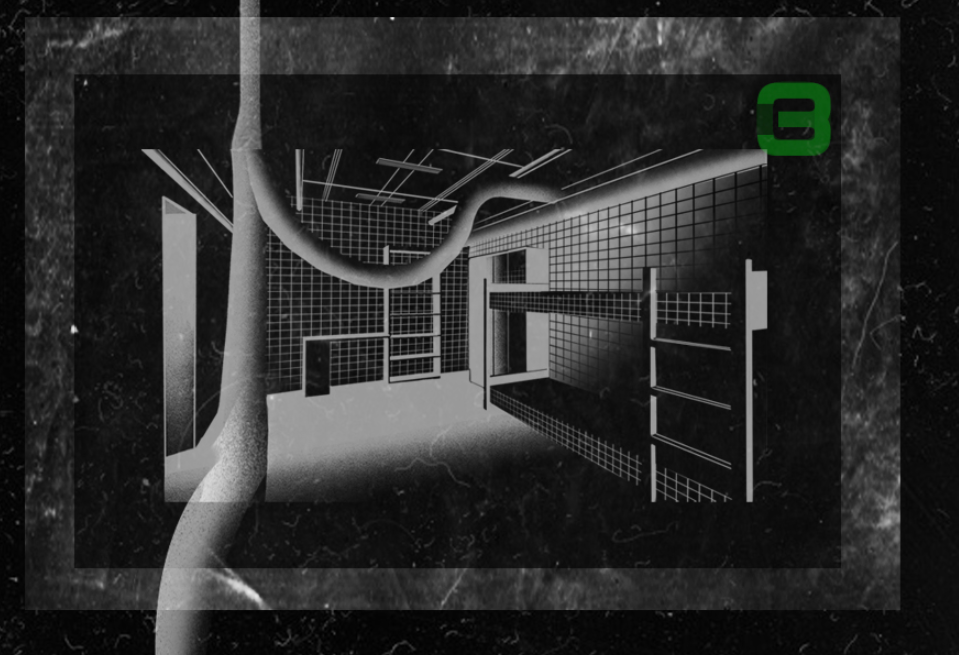 Interior rendering of a tiled room with curved ceiling and gridded walls viewed through an opening