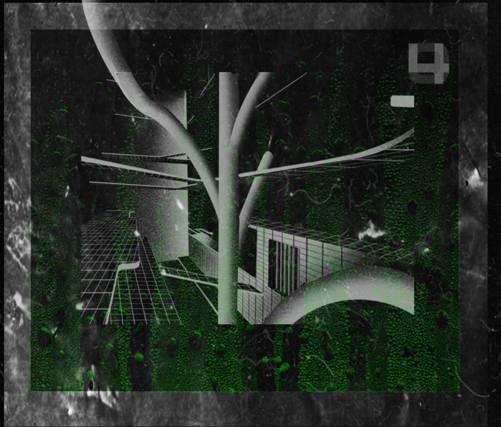 Axonometric view of pathways and structures nestled among branching tree trunks in overgrown green vegetation