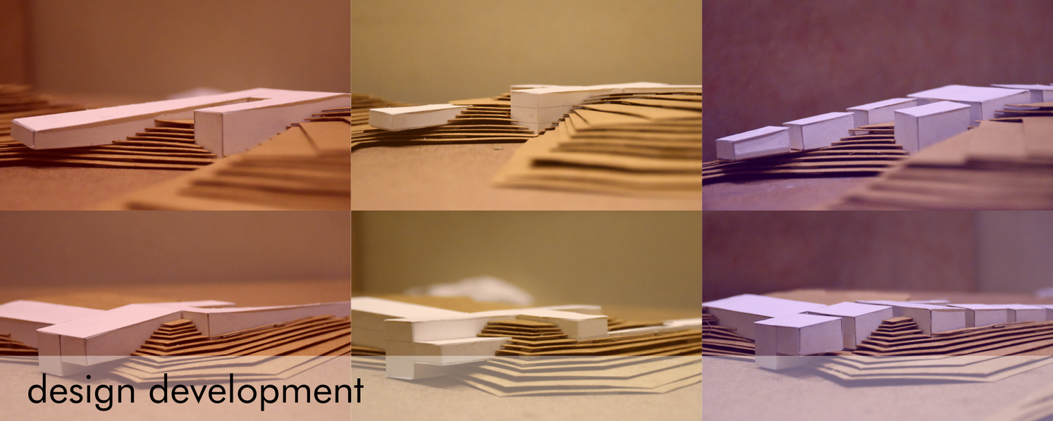 Design development models responding to site contours, emphasizing stepped volumes and landscape integration.