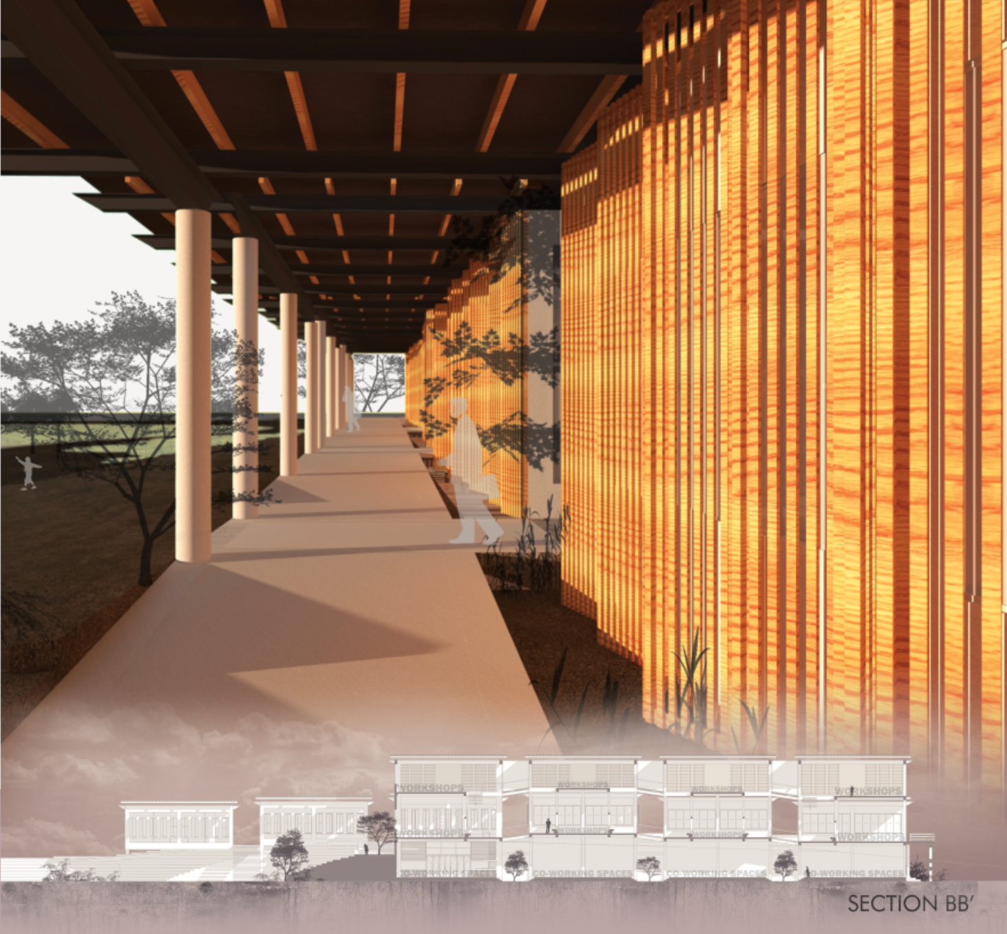 Shaded circulation corridor with timber screening, balancing transparency, ventilation, and climatic comfort.