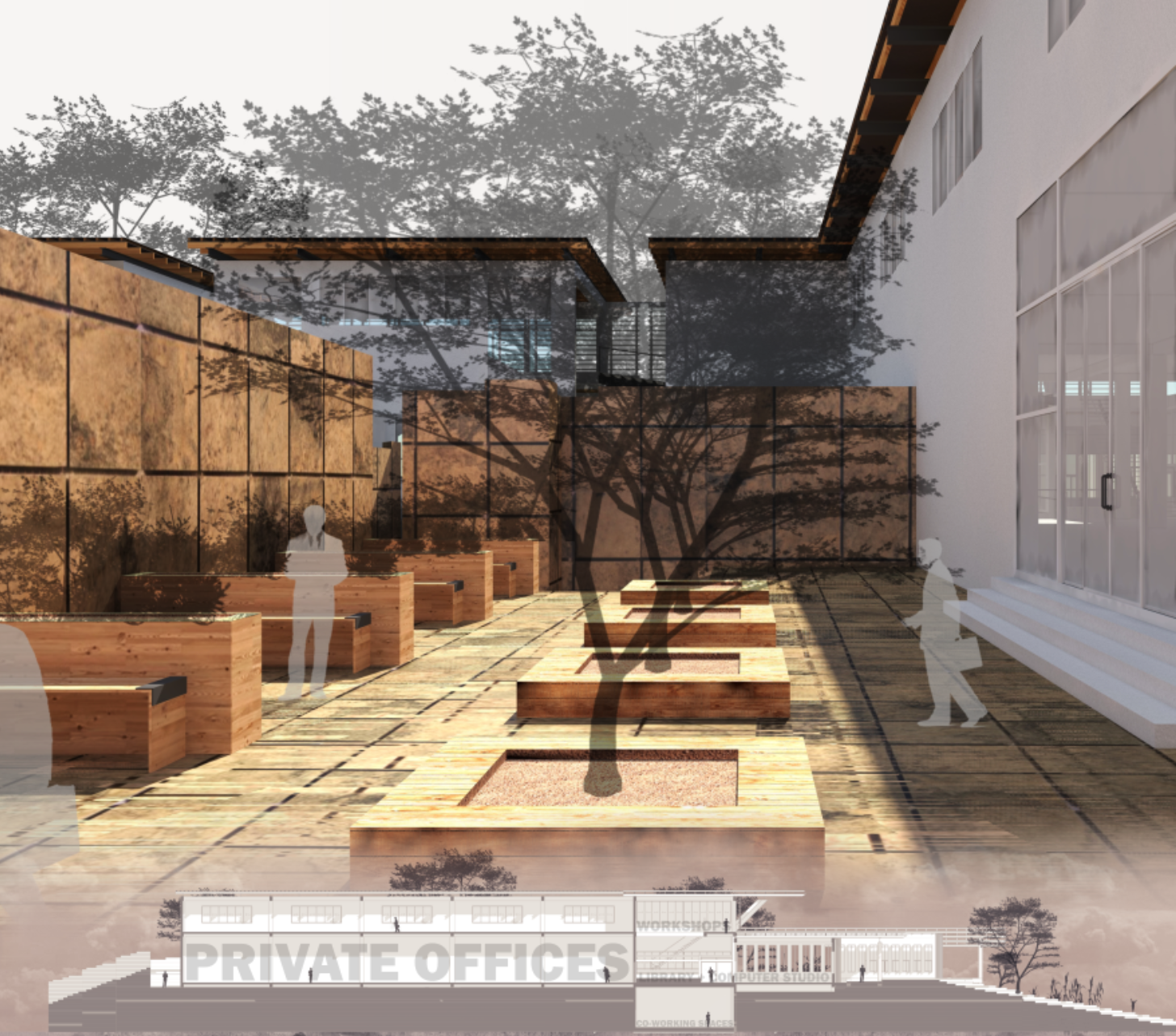 Courtyard-focused co-learning space encouraging informal interaction between students and professionals.