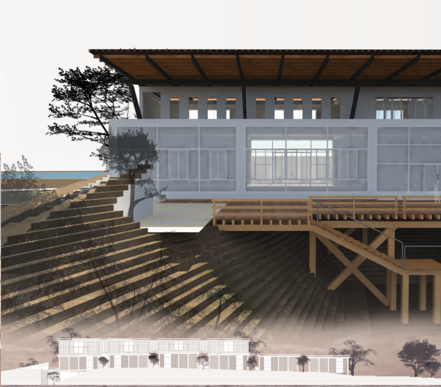 Lake-facing studio block elevated along contours, reinforcing visual continuity between architecture and landscape.