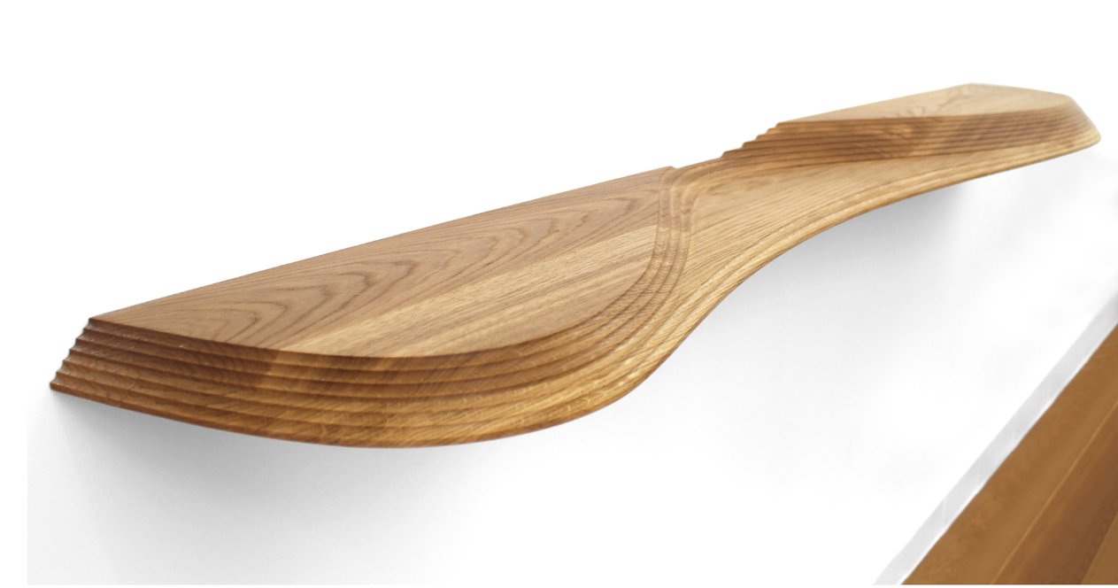 Carved wooden terraces form a fluid, sculptural profile inspired by agricultural landscapes.