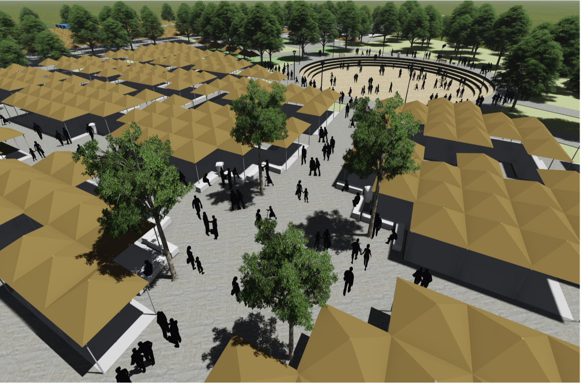 Modular temporary shelters forming a flexible settlement that adapts to movement, density, and seasonal occupation.