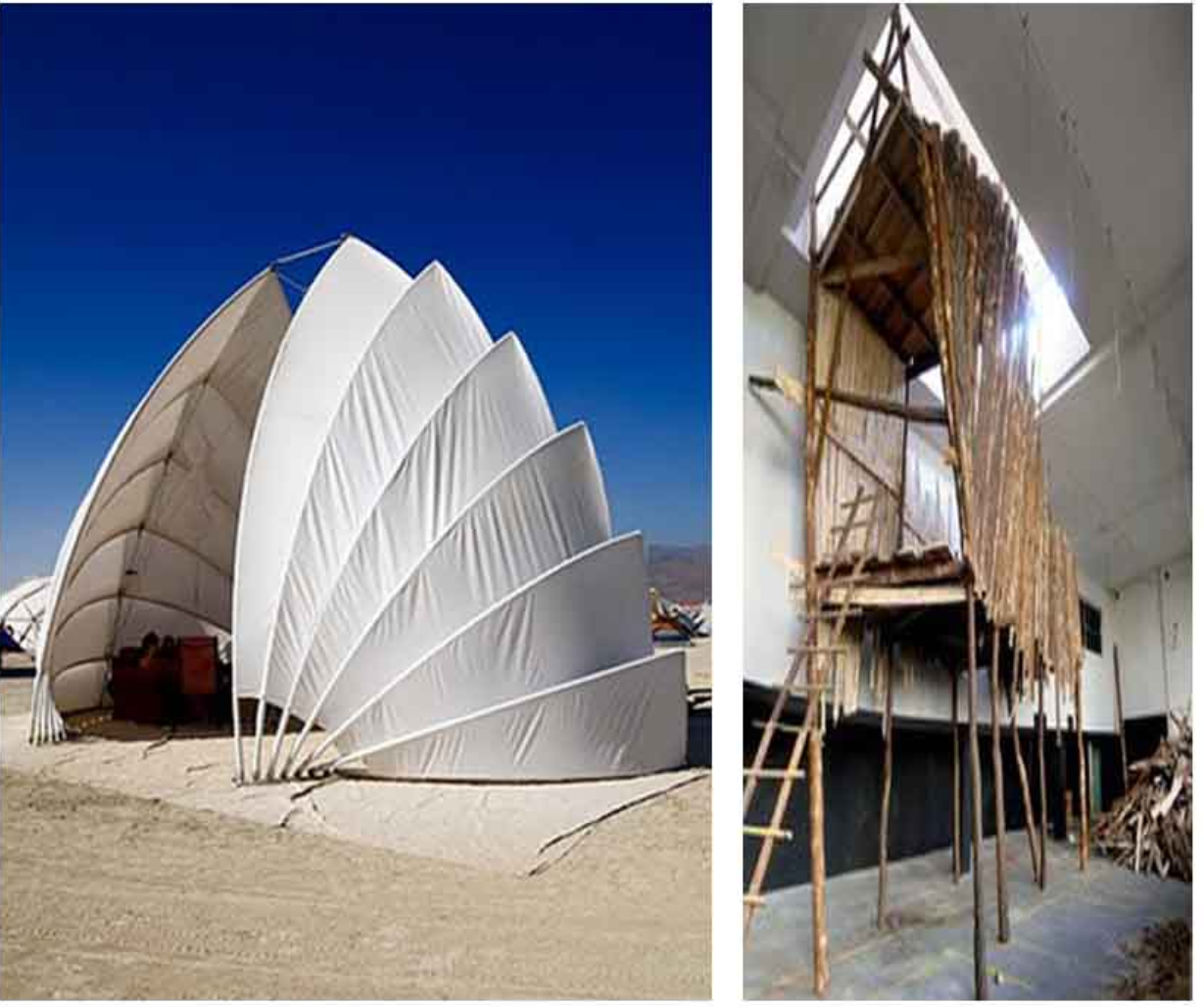 Lightweight, reversible structures showcasing experimental materials and construction beyond permanent form.