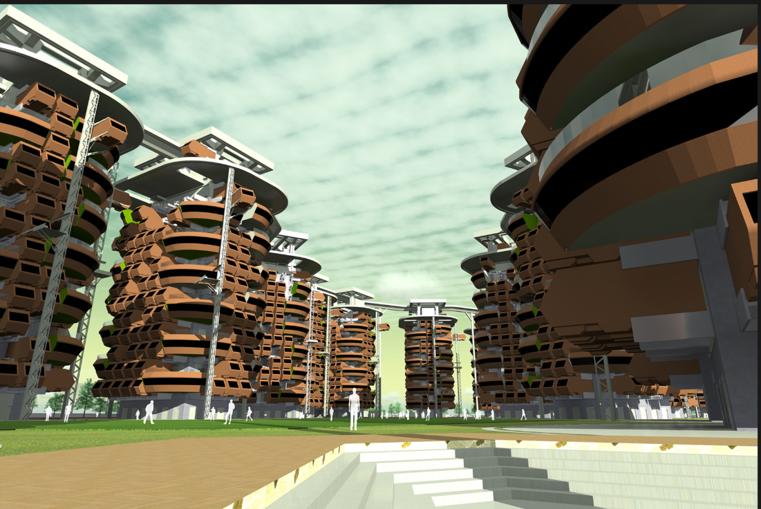 Adaptive modular housing towers organized around a central core, forming a dense yet flexible future living ecosystem.