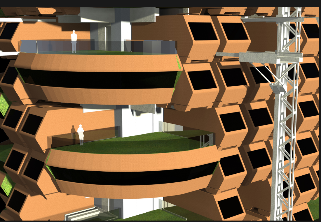 Expandable dwelling modules creating shared green terraces while maintaining individual privacy within vertical communities.