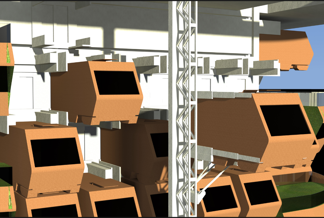 Plug-in residential units dynamically attaching and detaching from the structural core to support spatial mobility.