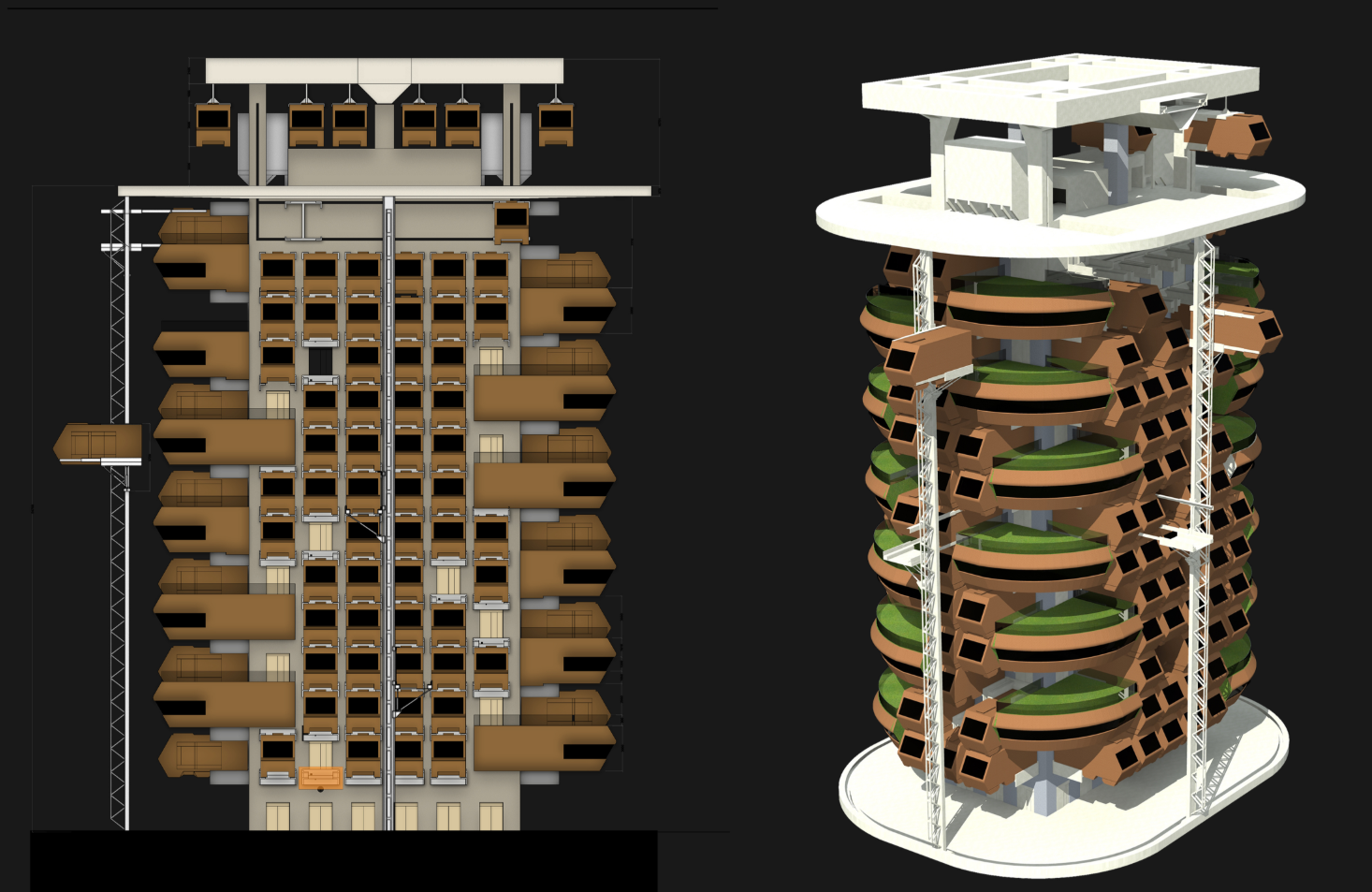 Sectional and axonometric view illustrating the relationship between movable housing modules, green layers, and the central core.