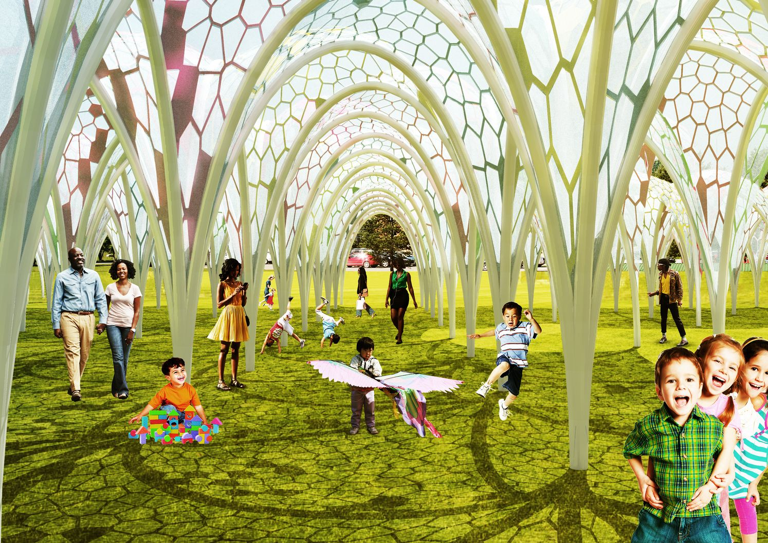 Lightweight modular arches creating an interactive public pavilion for play, movement, and everyday social life.