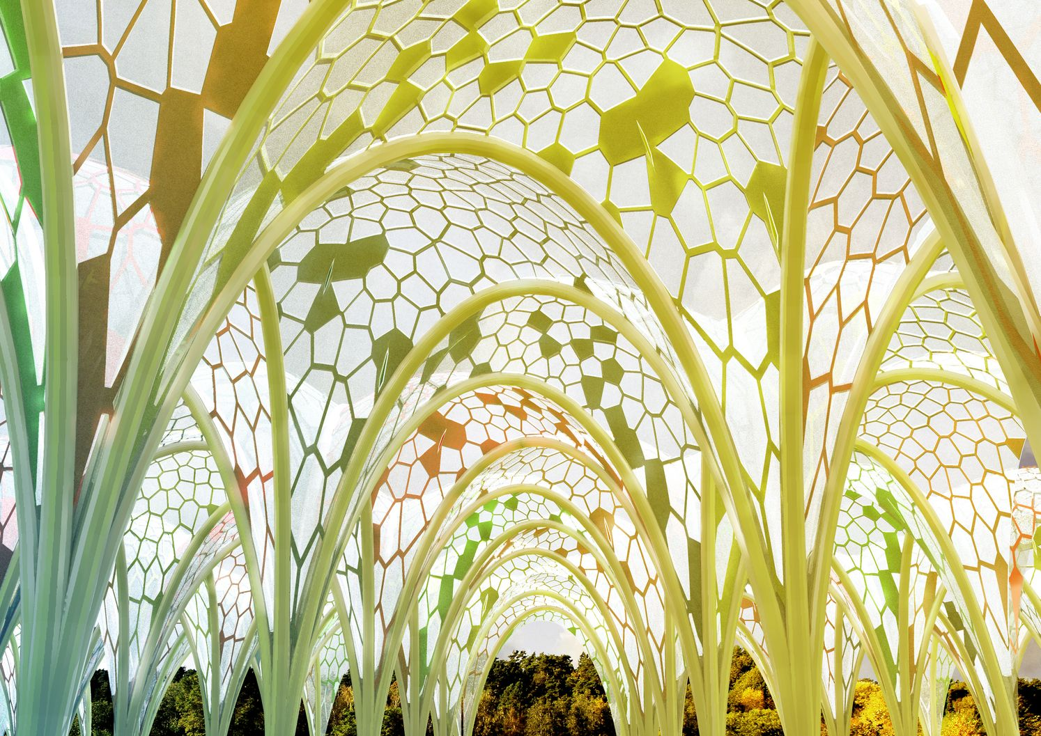 Translucent fabric envelopes filter daylight, generating dynamic patterns of light and shade beneath the pavilion.