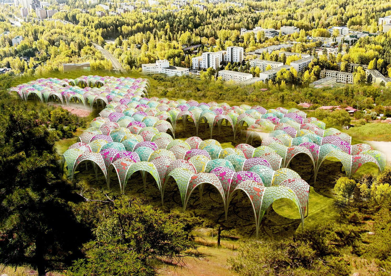 Large-scale aggregation of modular units forming a flexible landscape-integrated pavilion system.