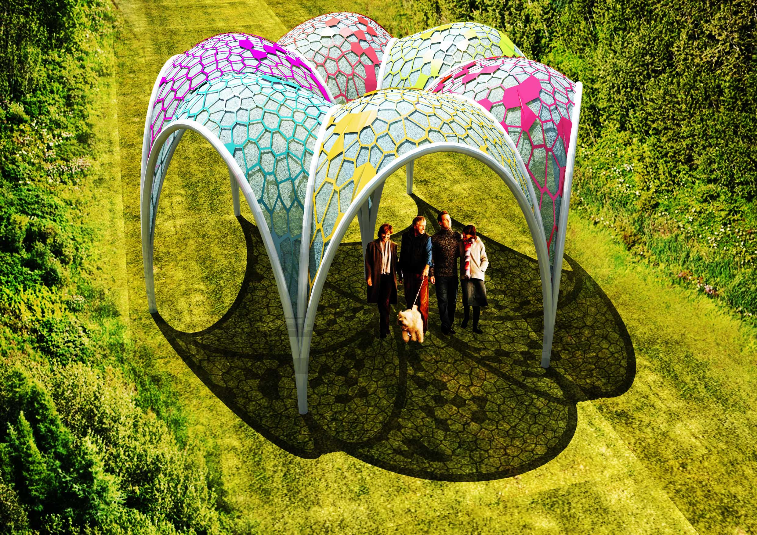 Clustered pavilion units creating an intimate social space through repetition and structural rhythm.