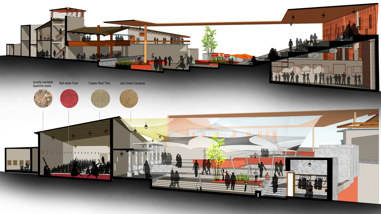 Longitudinal section highlighting materiality, climatic response, and the integration of culture into everyday movement.