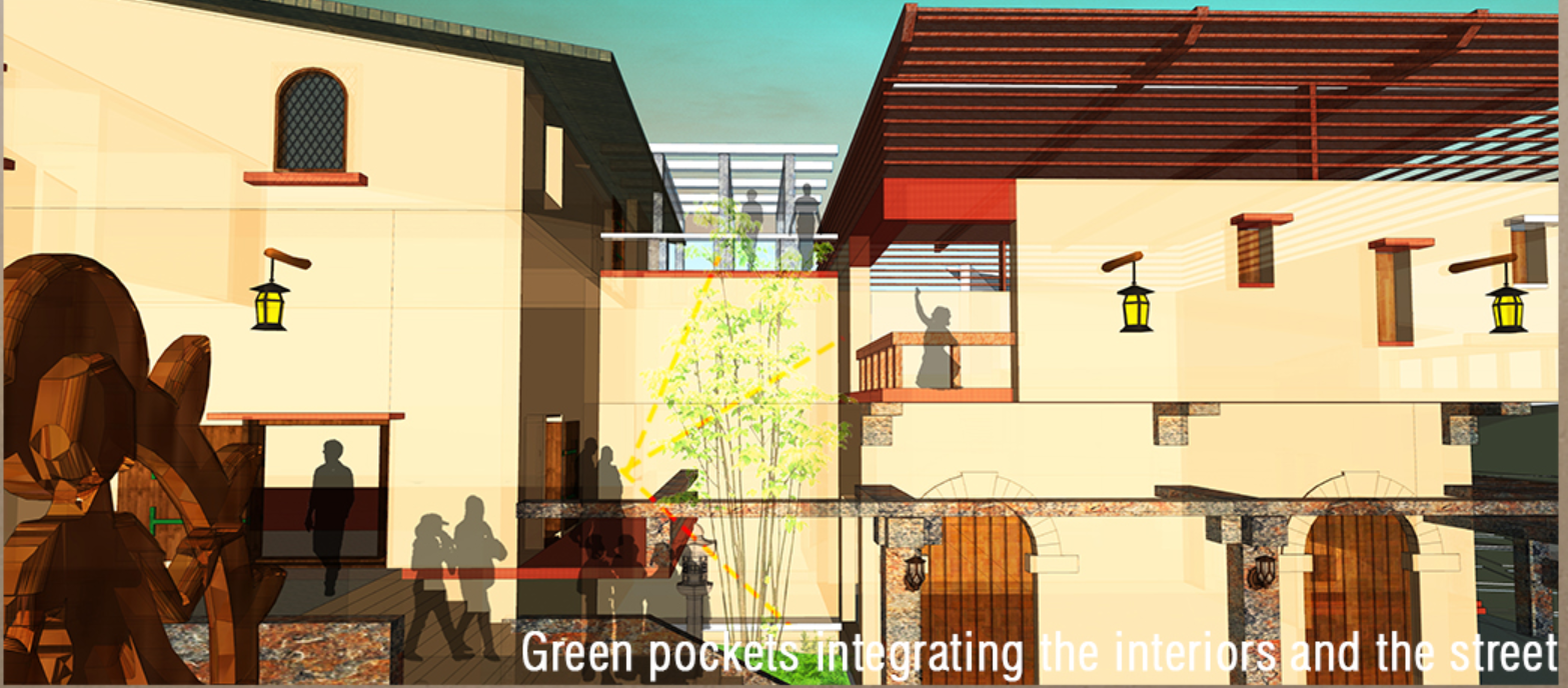 Green pockets acting as pause points, visually and spatially linking interior programs with the street.