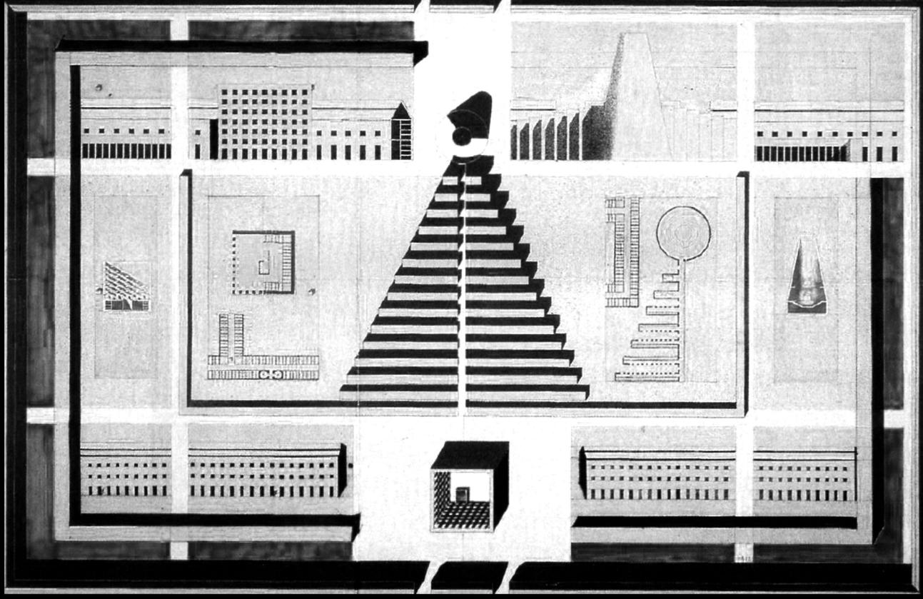 Original axonometric drawing of Aldo Rossi’s Modena Cemetery, expressing the archetypal geometry of the “city of the dead.