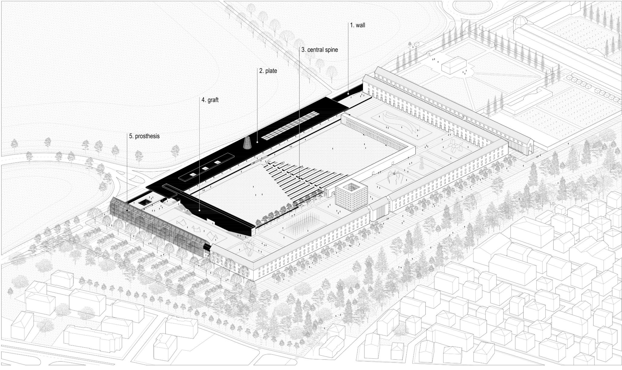 Axonometric reinterpretation highlighting the adaptive reuse strategy applied to the existing cemetery structure.