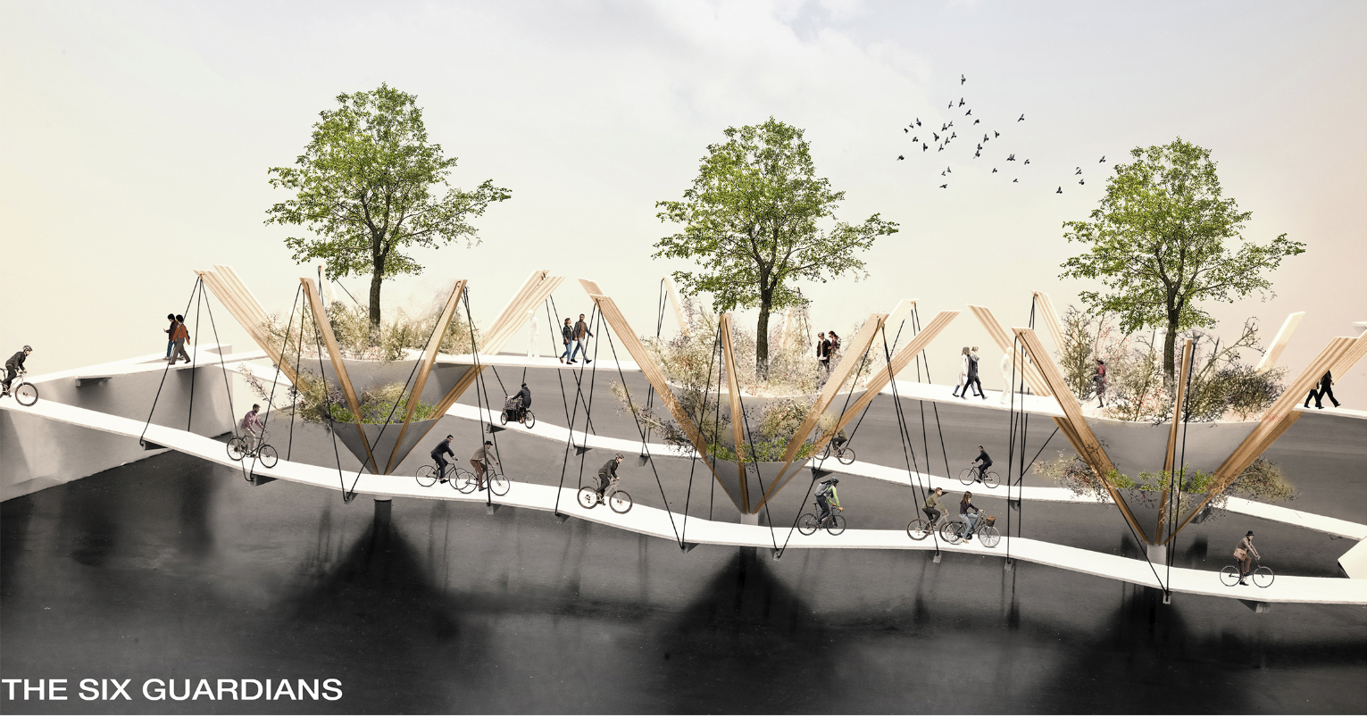 Perspective view of The Six Guardians, integrating cycling lanes and elevated green platforms across Copenhagen’s waterfront.