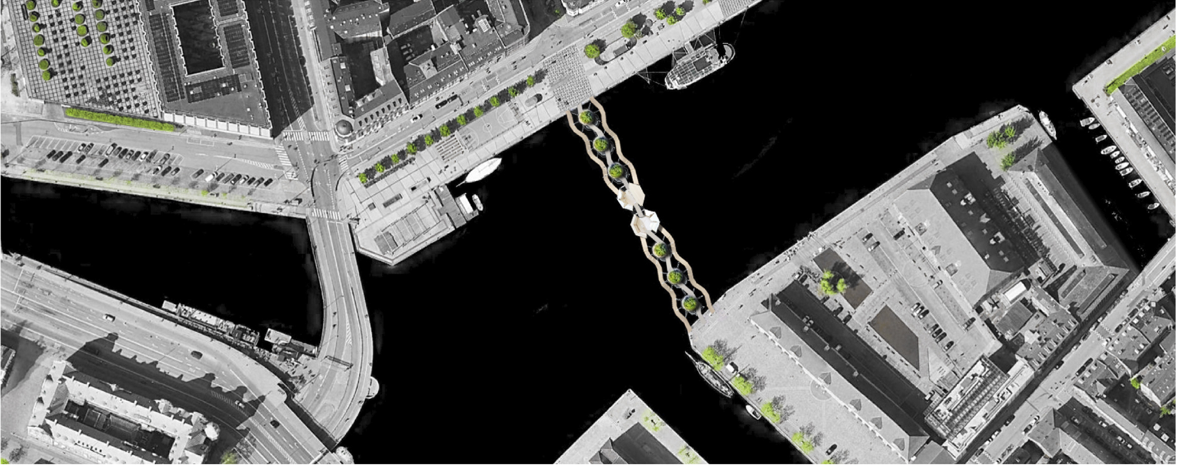 Aerial site plan showing the bridge’s connection between urban blocks and existing cycling infrastructure.