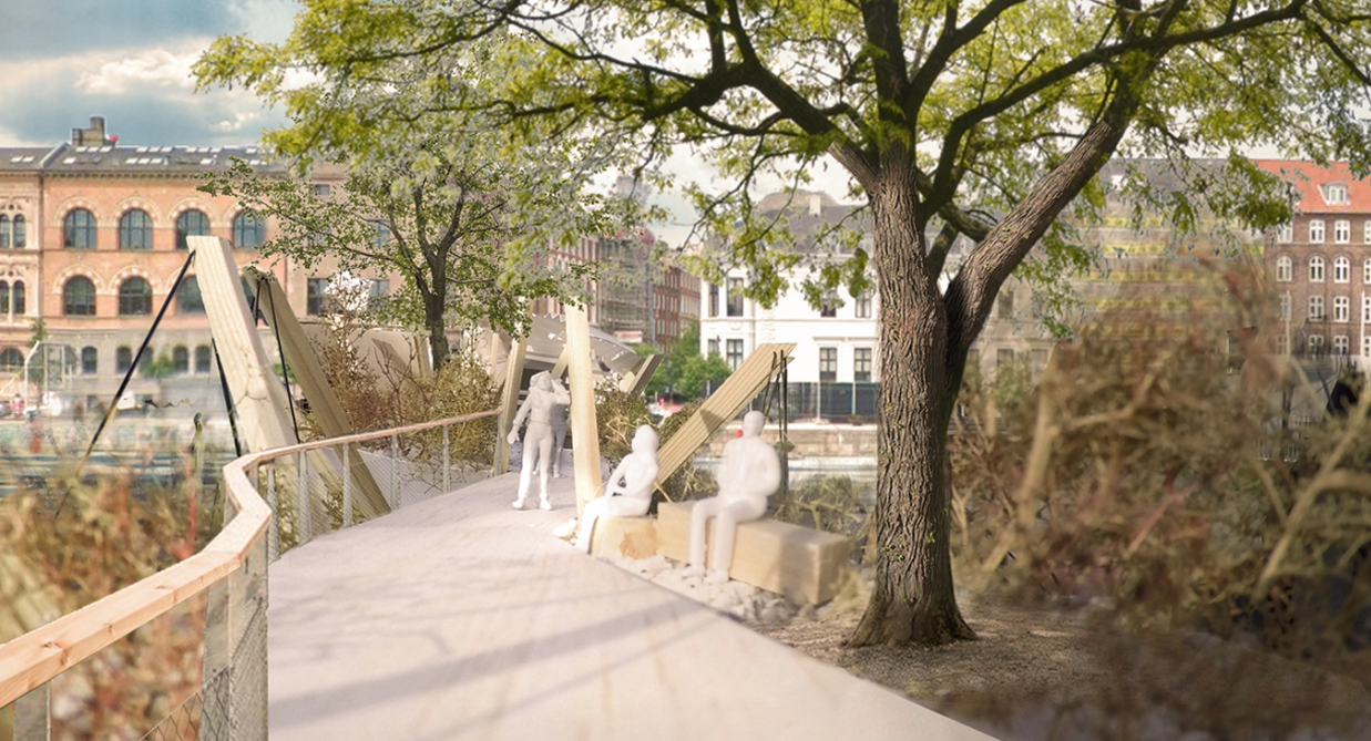 Pedestrian experience within the planted bridge landscape, offering rest, shade, and city views.