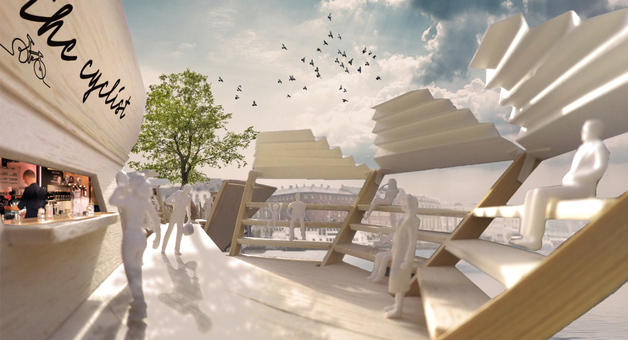 Social platform with kiosk and seating, transforming the bridge into a public gathering space overlooking Copenhagen’s waterfront.
