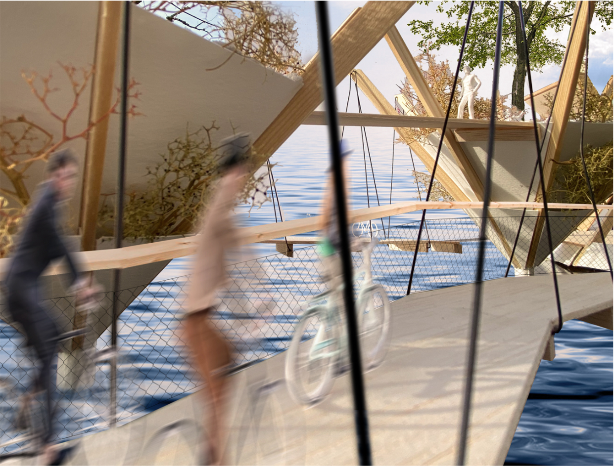 Cyclist movement along the bridge, highlighting seamless mobility through lightweight structural frames.