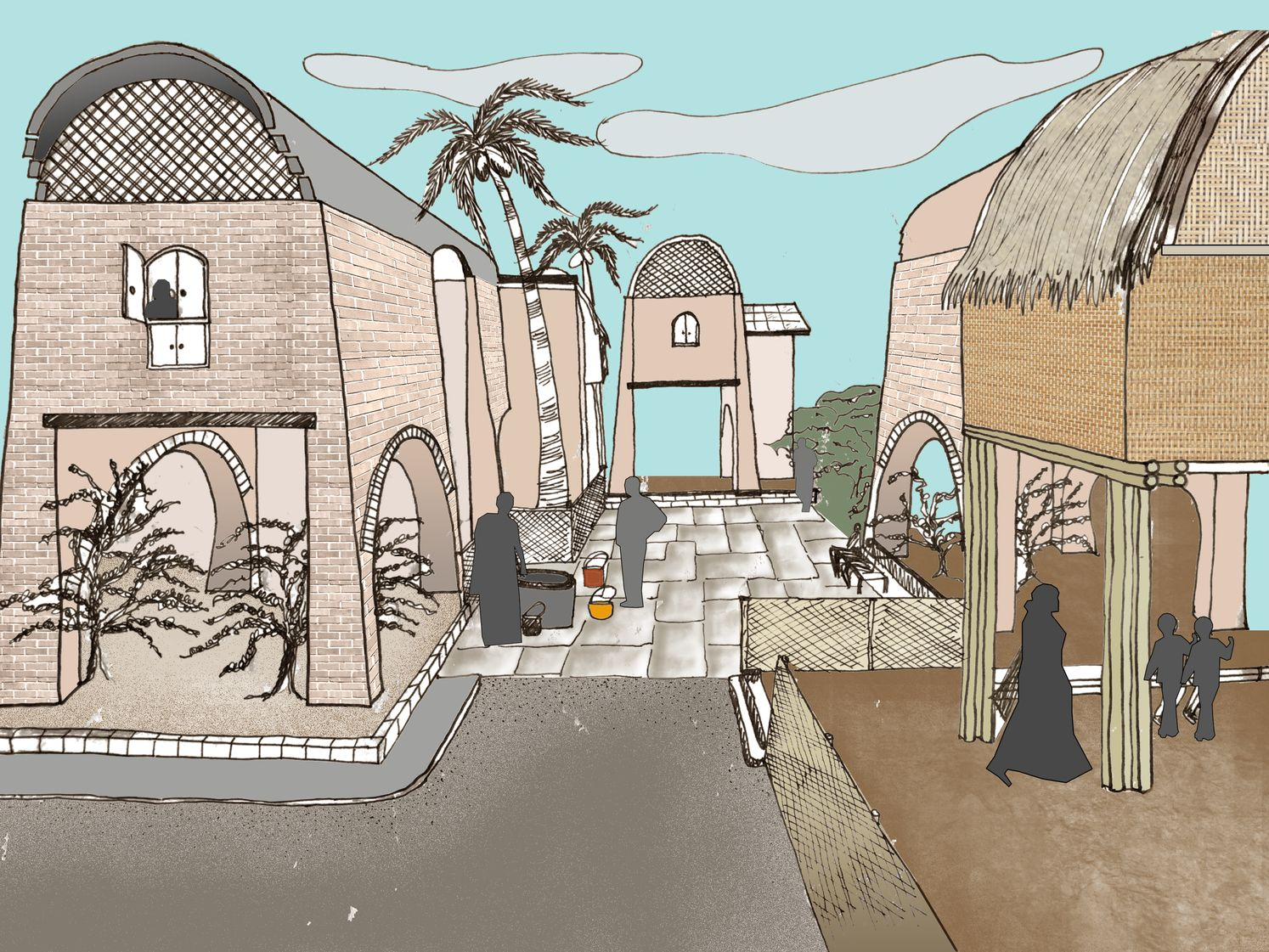 Perspective drawing of courtyard with arched brick volumes, thatched roof pavilion and palm trees
