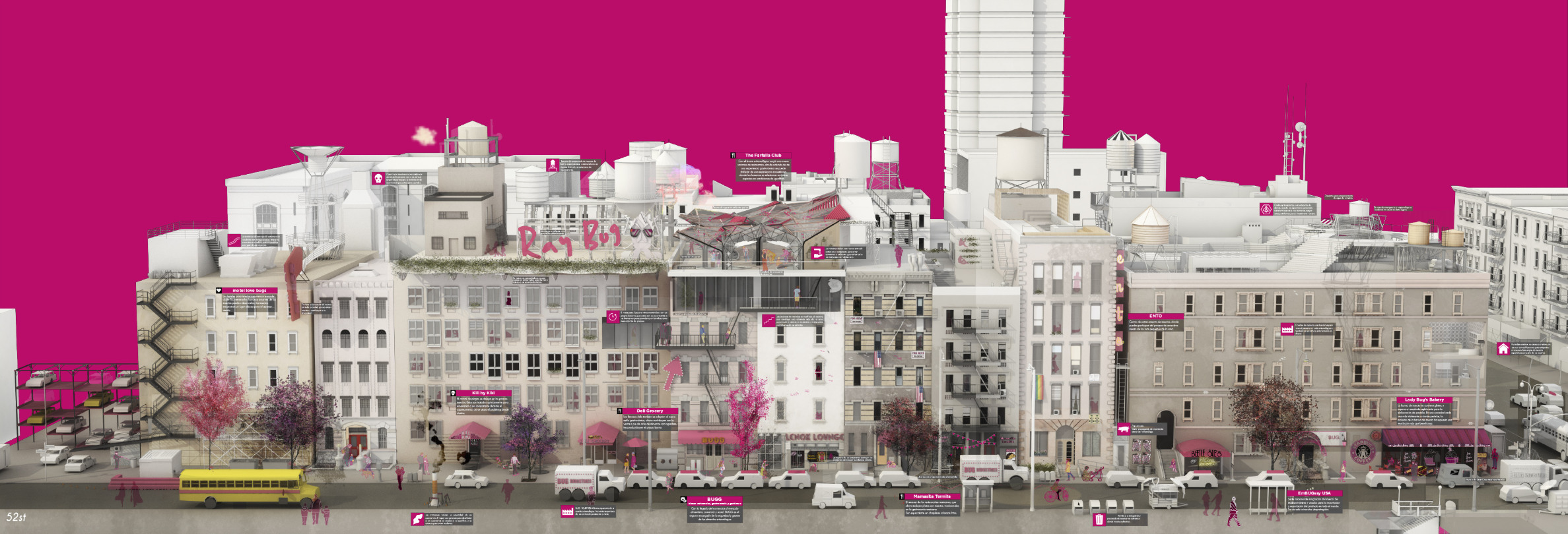 Elevation model of an urban streetscape with multiple buildings and a yellow bus against a magenta backdrop
