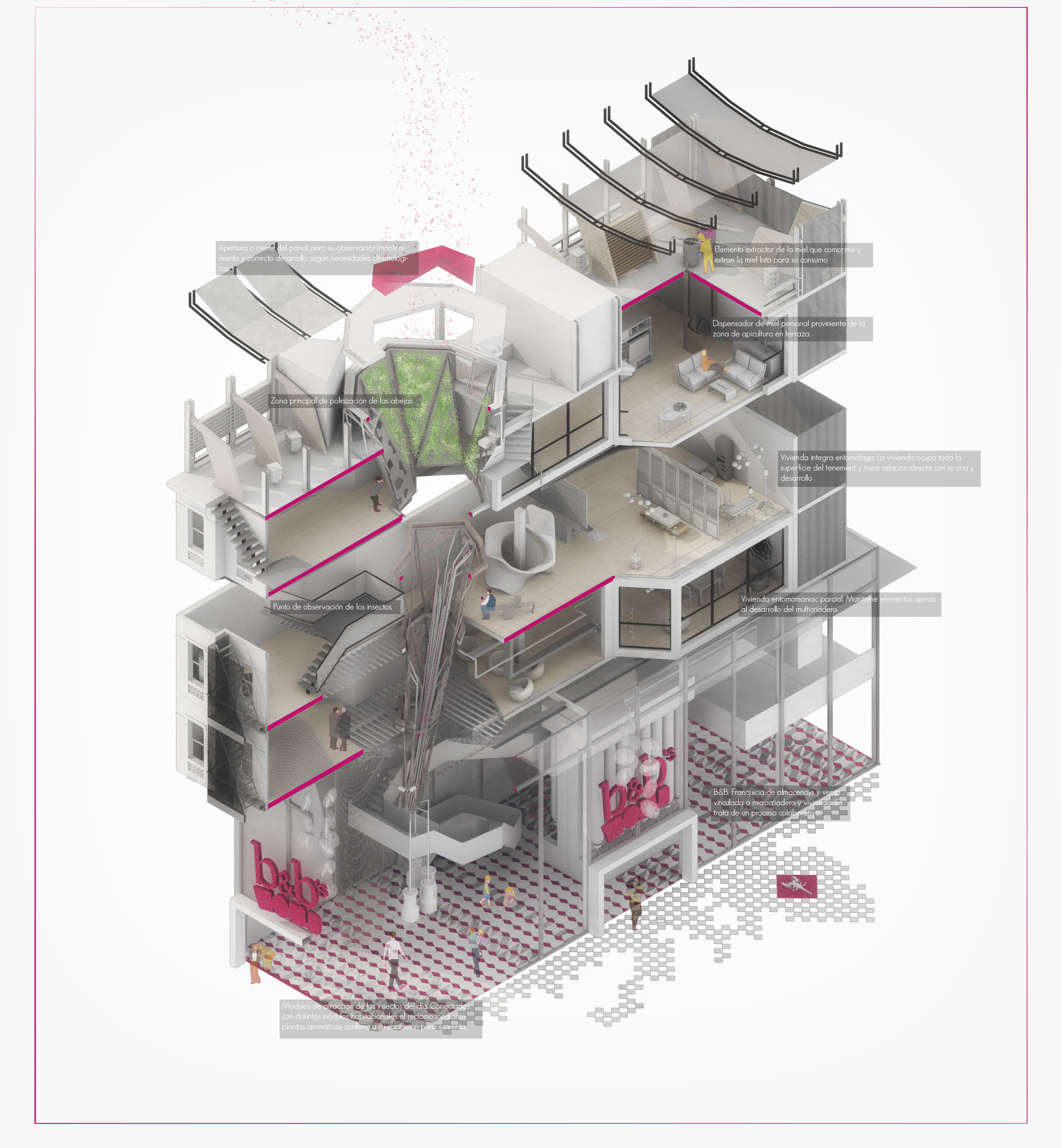 Cutaway isometric drawing revealing multiple interior floors around a central tree structure with labeled spatial annotations