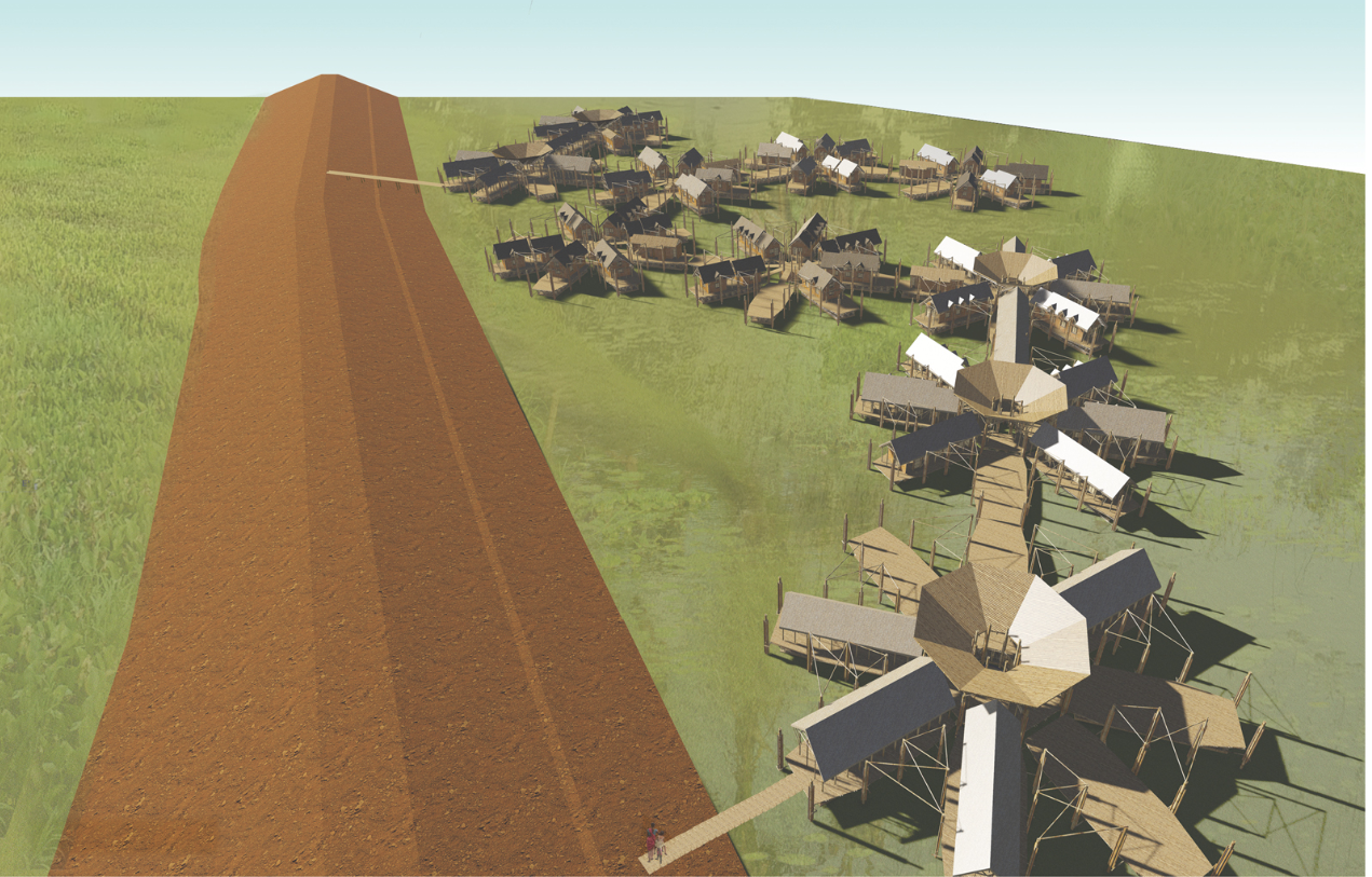 Axonometric rendering of a housing cluster on elevated platforms arranged along a curving earthen pathway