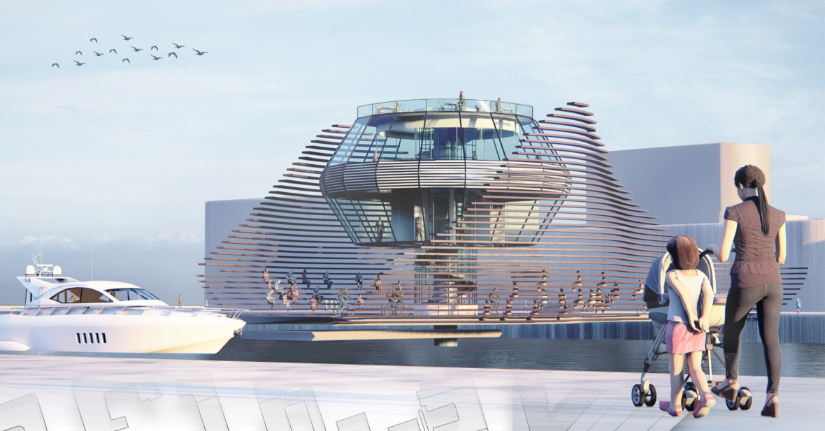 Perspective view of The Push as a living urban bridge, integrating cycling, pedestrians, and public life along the waterfront.