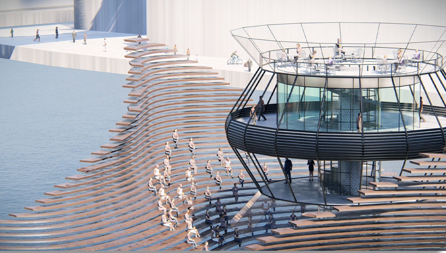 Amphitheater-like seating decks created by the shell structure, enabling collective viewing, rest, and social interaction.