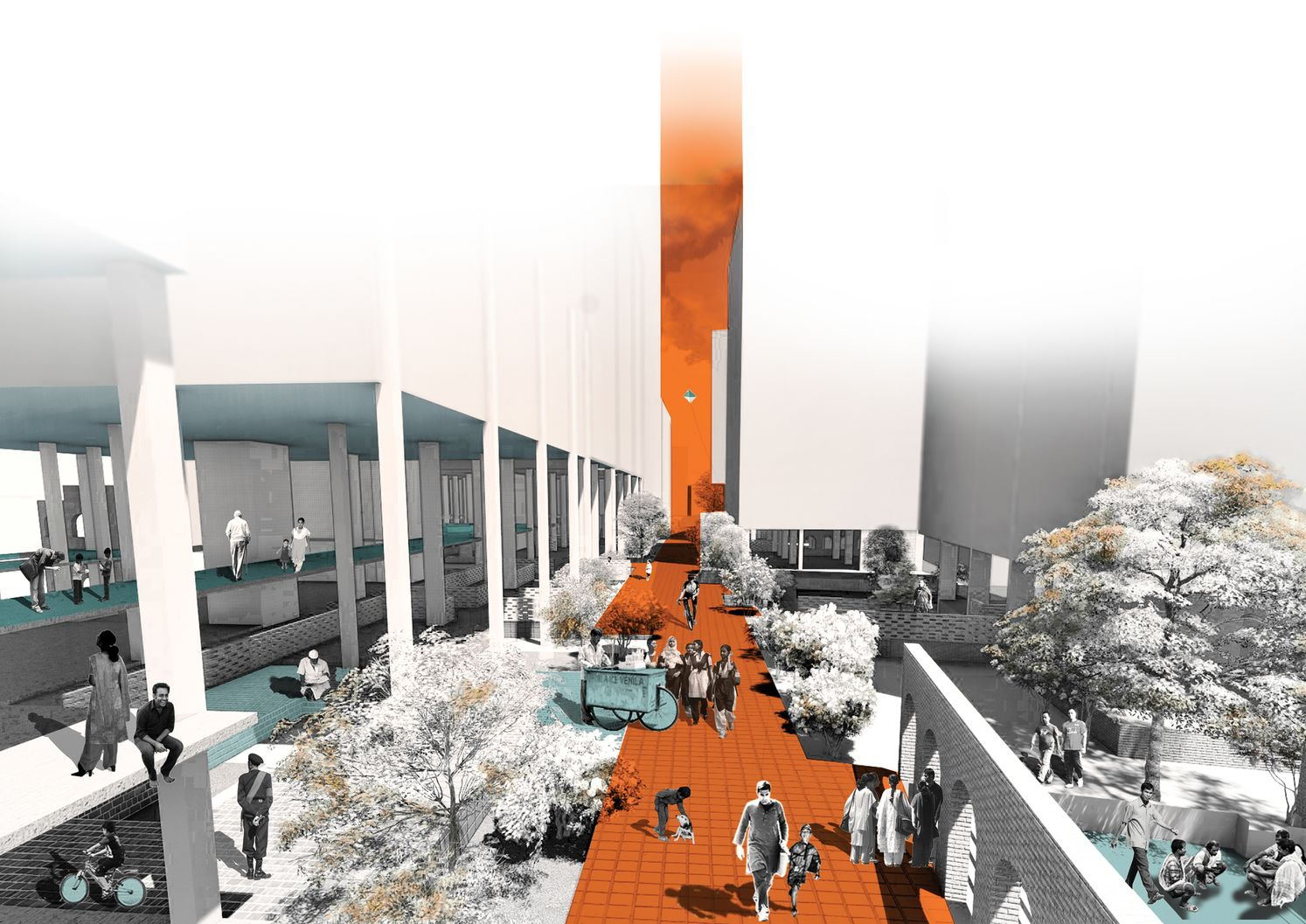 Pedestrian-centric spine activating everyday social life through shaded walkways and informal gathering spaces.