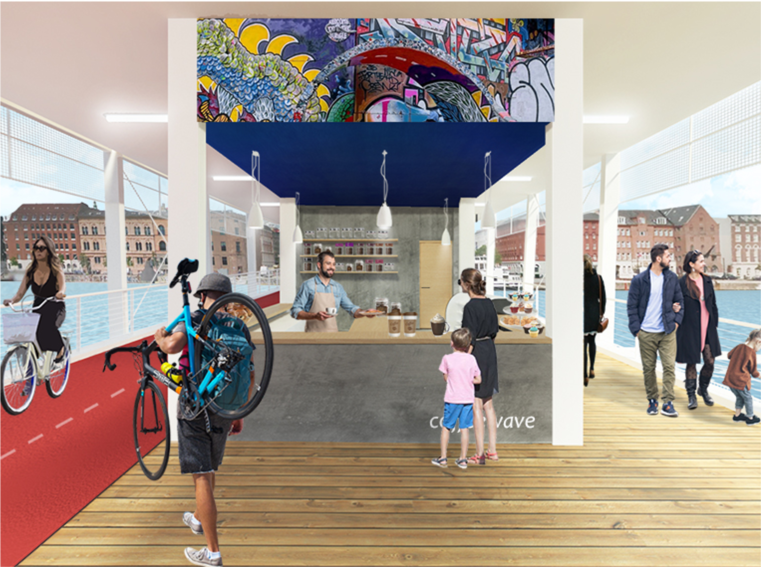 Waterfront pavilion rendering with timber deck, red bike path, and colorful mural overhead