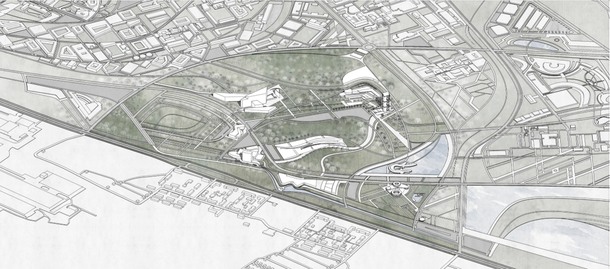 Site plan drawing showing multiple curved building volumes arranged within a landscaped park bordered by urban infrastructure