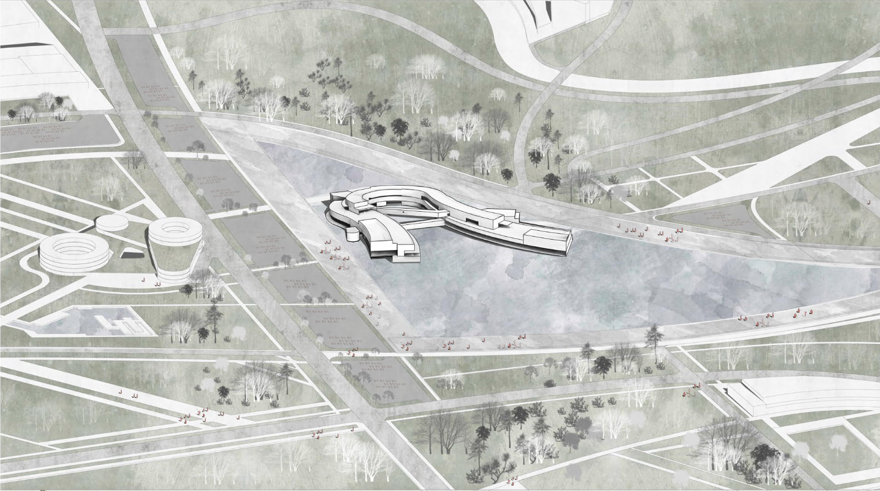 Aerial perspective rendering of a horizontal building with angular wings set within a vast public plaza dotted with pedestrians