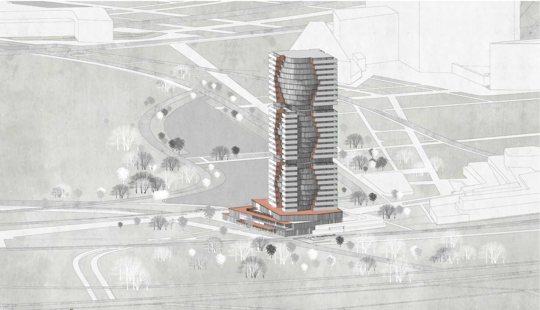 Aerial rendering of a tall residential tower with alternating red and grey facade bands rising above a low podium