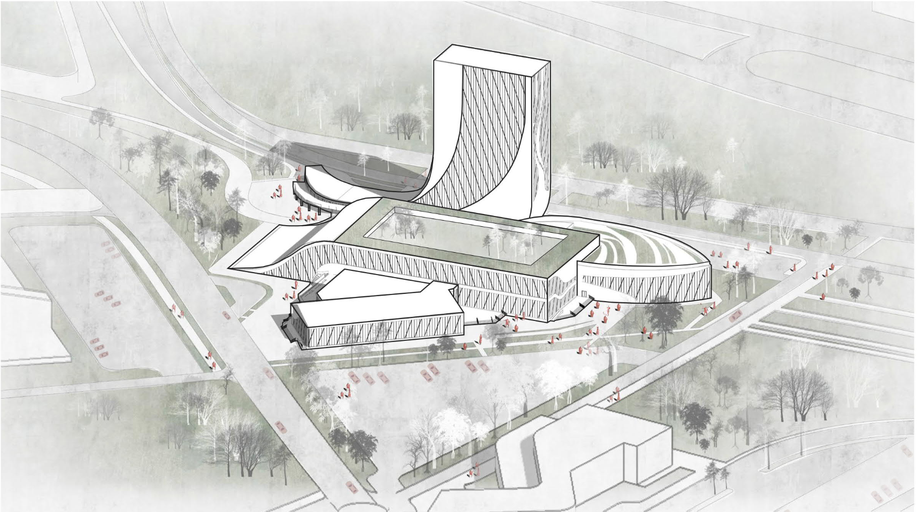 Aerial view drawing of a sculptural complex featuring a curved tower and horizontal wings arranged around a central courtyard