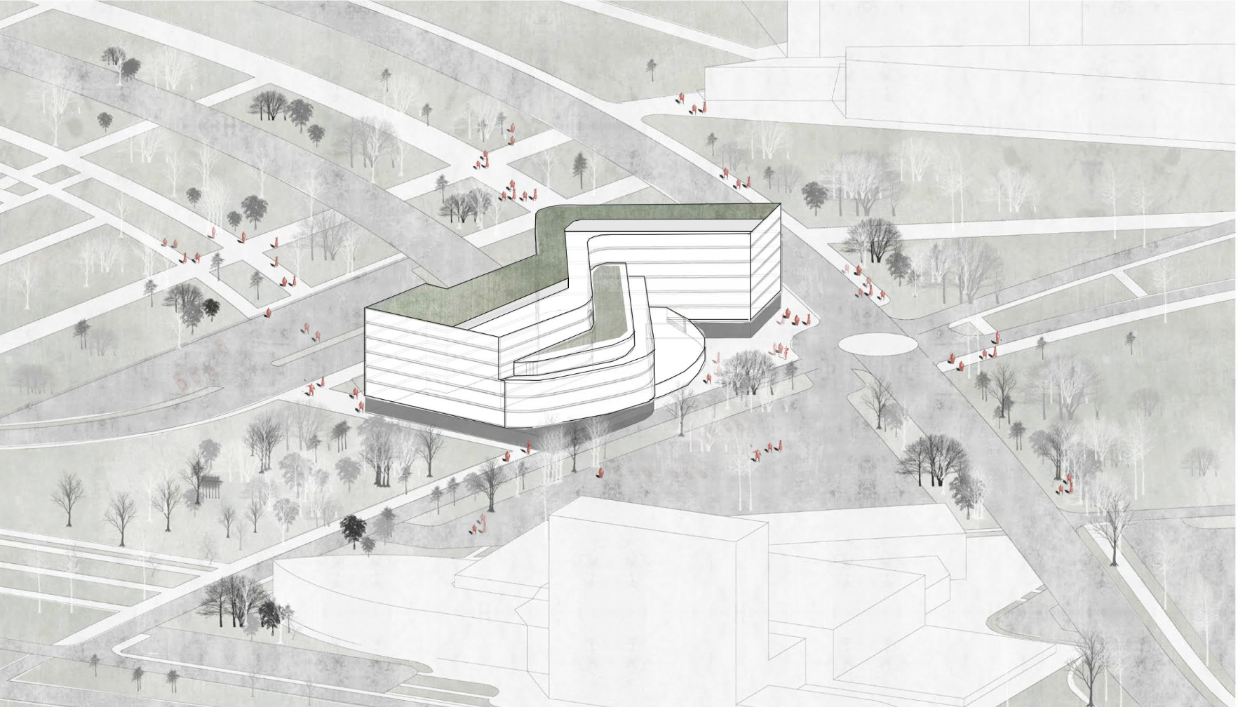 Aerial perspective drawing showing a three-lobed building with green roof surrounded by winter trees and pedestrian paths