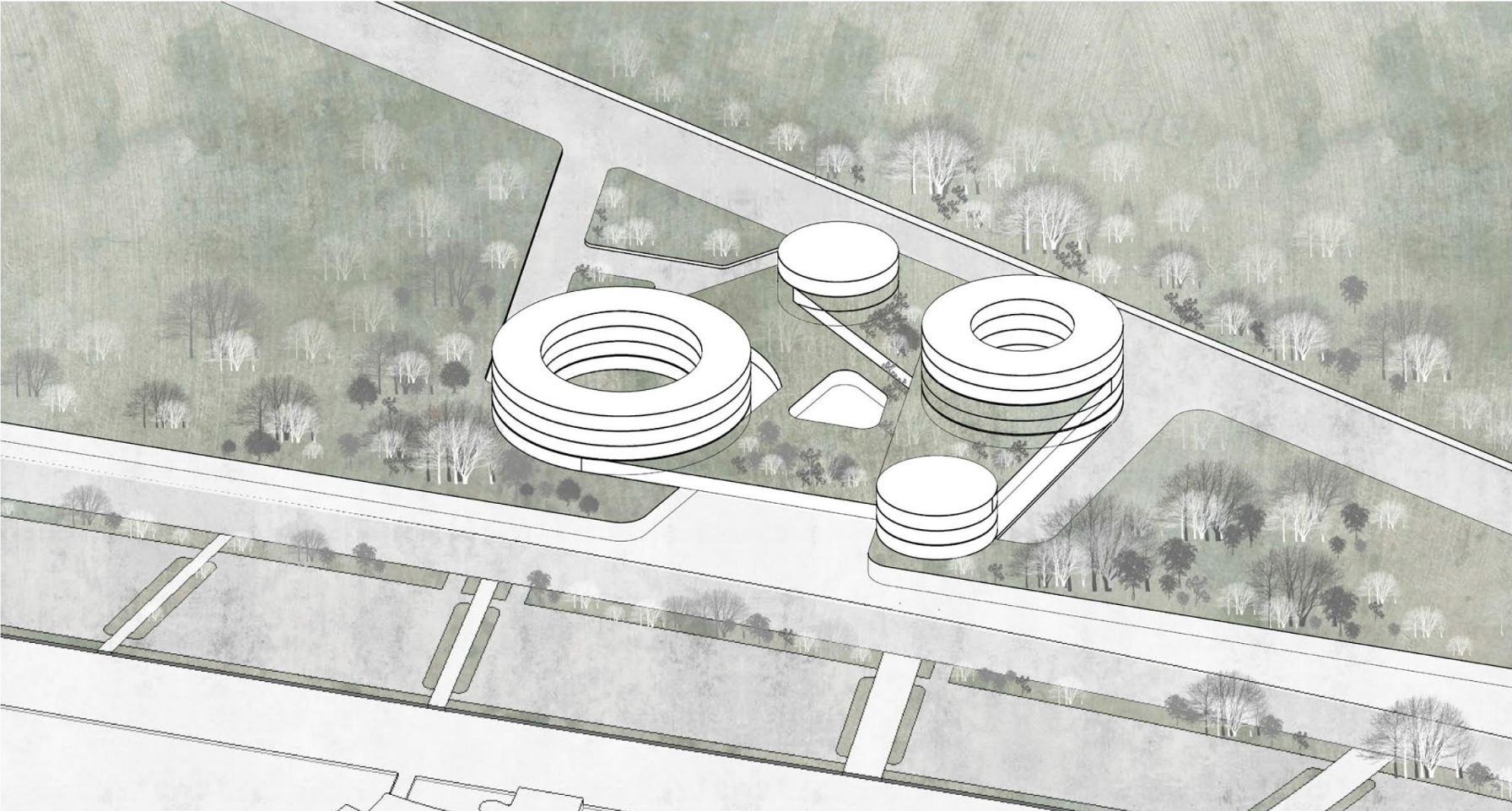Site axonometric drawing depicting clustered circular volumes and flat-roofed structures within a landscaped setting