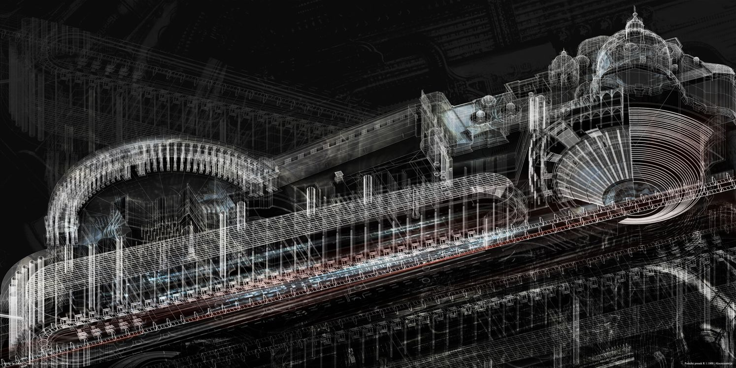 Linear archival infrastructure visualized as a continuous data corridor embedded within the urban fabric.