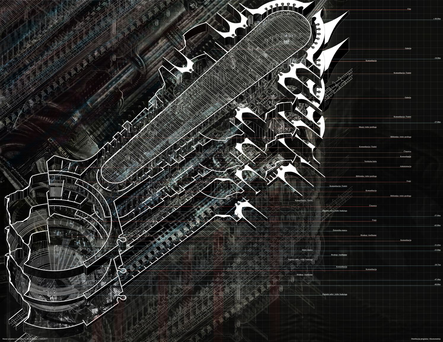 Exploded axonometric revealing the layered spatial logic of the prosthetic archive system.