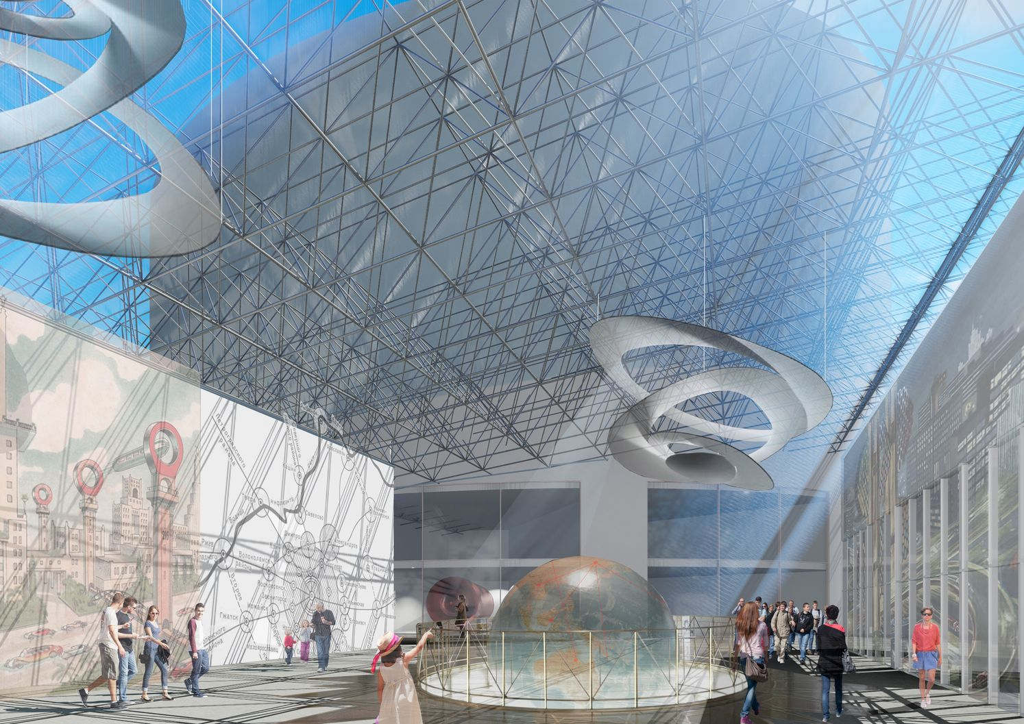 Interior atrium with triangulated glass roof, suspended spiral sculpture, and central globe exhibit surrounded by visitors