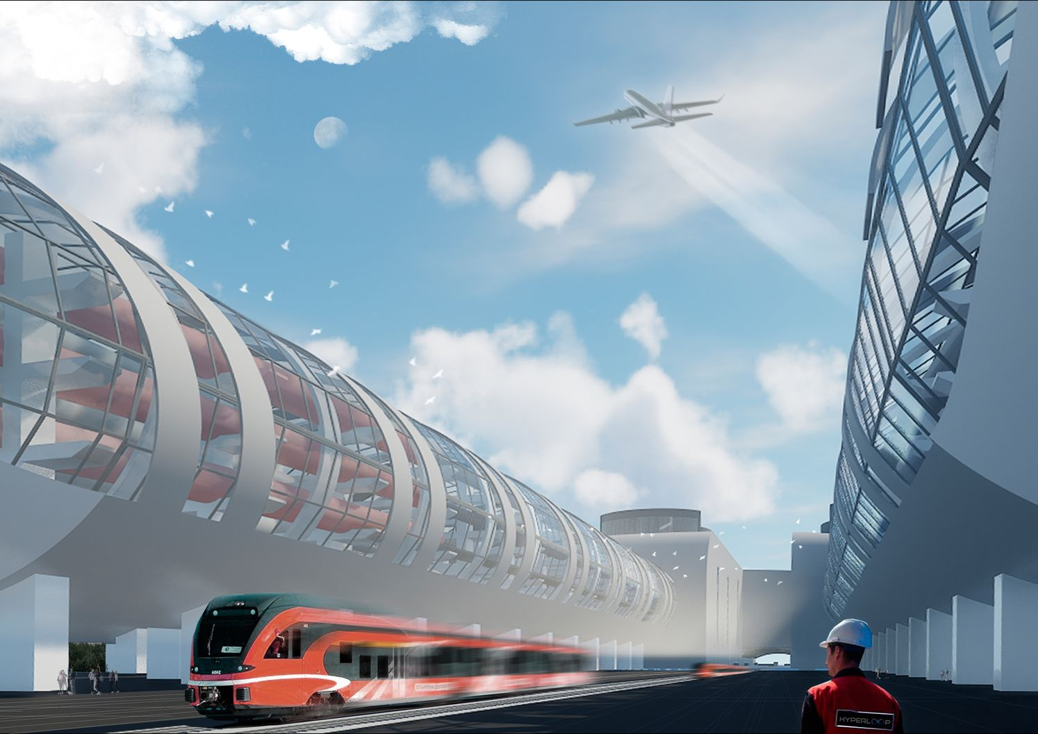 Elevated view of transparent tube structure with train emerging below a cloudy sky with airplane overhead